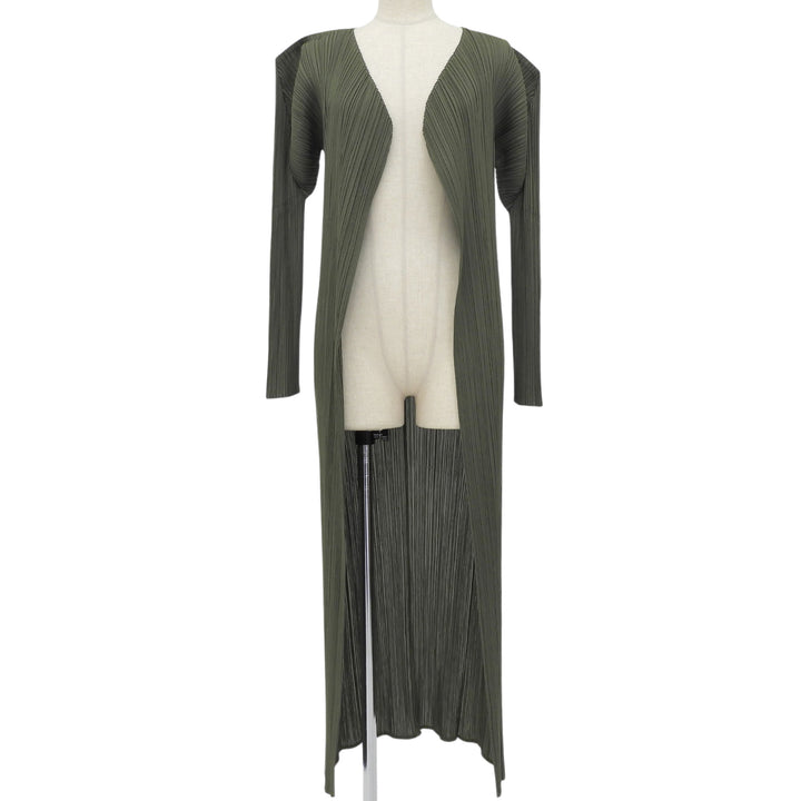 極美品▲PLEATS PLEASE プリーツプリーズ イッセイミヤケ PP63-JA301 ロングカーディガン グリーン 2 日本製 正規品　レディース