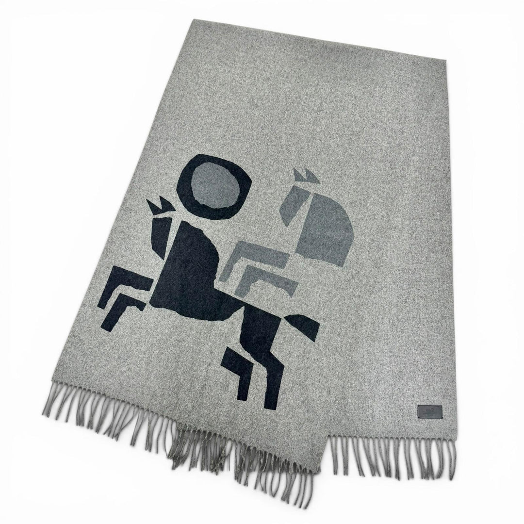 極美品△HERMES エルメス ヴェルキー ラヴ カシミヤ100％ ロゴレザーパッチ 大判 ショール ストール マフラー グレー イタリア製 メンズ