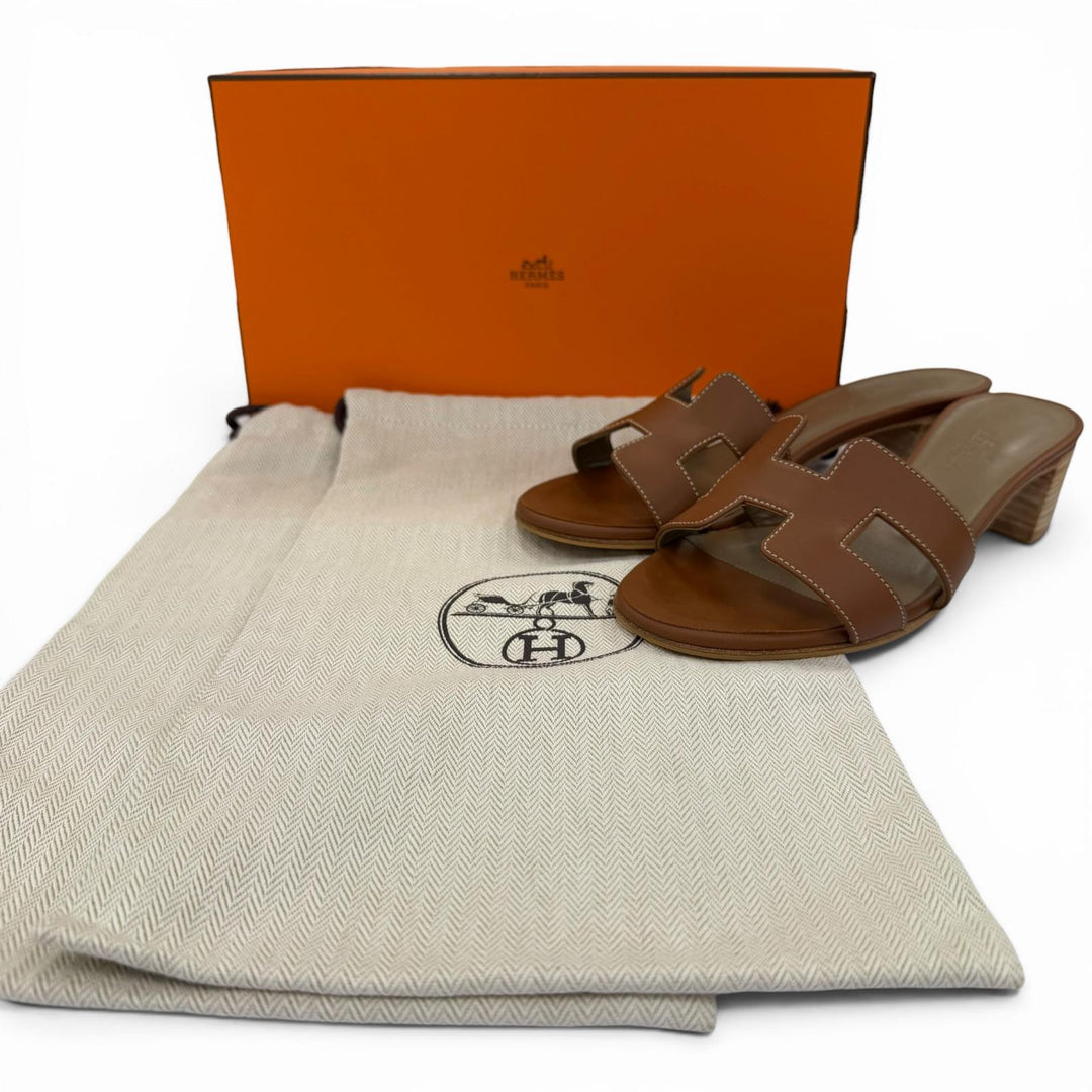 美品☆HERMES エルメス オアジス カーフレザー ゴールド ミュール サンダル 35 イタリア製 レディース 箱・保存袋付き