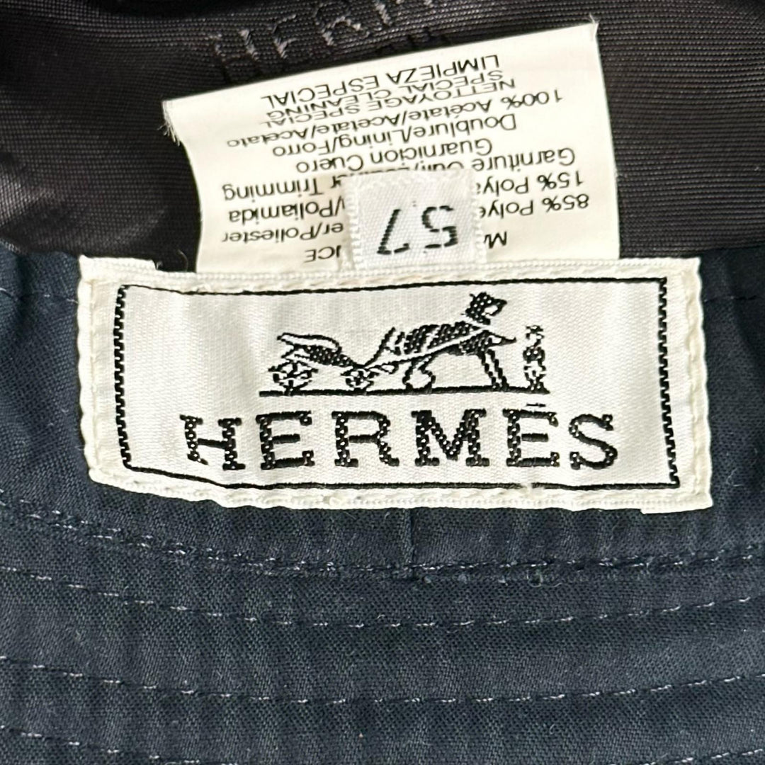 美品▲HERMES エルメス レザー使い ロゴ刺繍 Hロゴ バケット ハット 帽子 ネイビー ブラウン 57 フランス製 メンズ