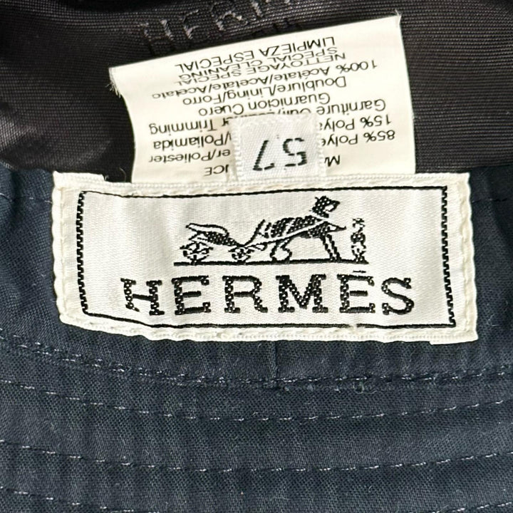 美品▲HERMES エルメス レザー使い ロゴ刺繍 Hロゴ バケット ハット 帽子 ネイビー ブラウン 57 フランス製 メンズ