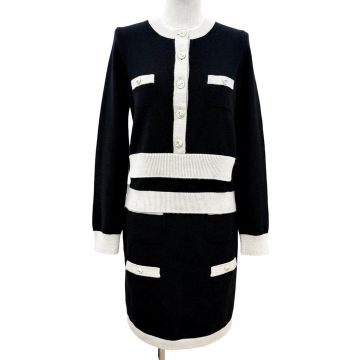 【ドンドン見直し】極美品◇CHANEL シャネル 25AW P80669 P80739 カシミヤ リボン ココマークボタン セットアップ 36 英国製 正規品