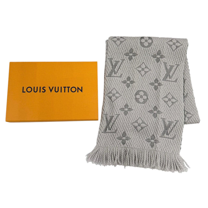 美品☆LOUIS VUITTON ルイヴィトン M74742 エシャルプ ロゴマニア ウール シルク グリペルル フリンジ マフラー イタリア製 箱付き