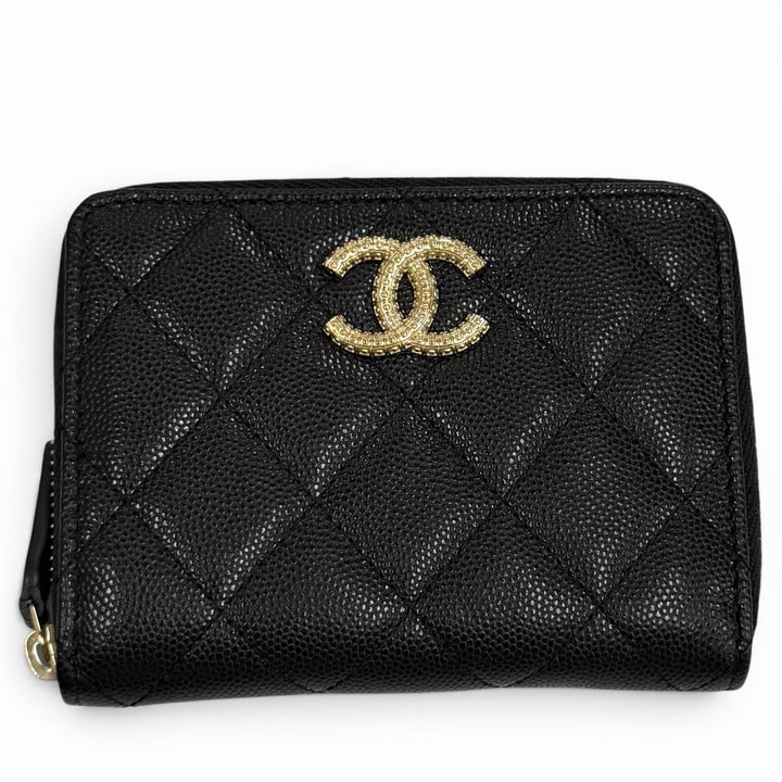 極美品★CHANEL シャネル AP4720 マトラッセ キャビアスキン ジップ スモールウォレット ランダム刻印 二つ折り財布 ブラック 箱・袋付