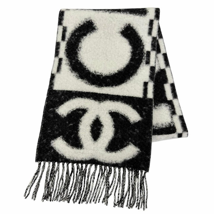 極美品☆CHANEL シャネル AAA478 カシミヤ シルク混 ココマーク・ロゴデザイン フリンジ マフラー ホワイト ブラック イタリア製 箱付き