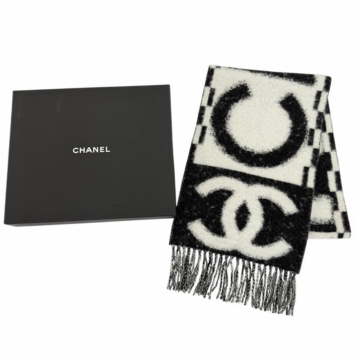 極美品☆CHANEL シャネル AAA478 カシミヤ シルク混 ココマーク・ロゴデザイン フリンジ マフラー ホワイト ブラック イタリア製 箱付き