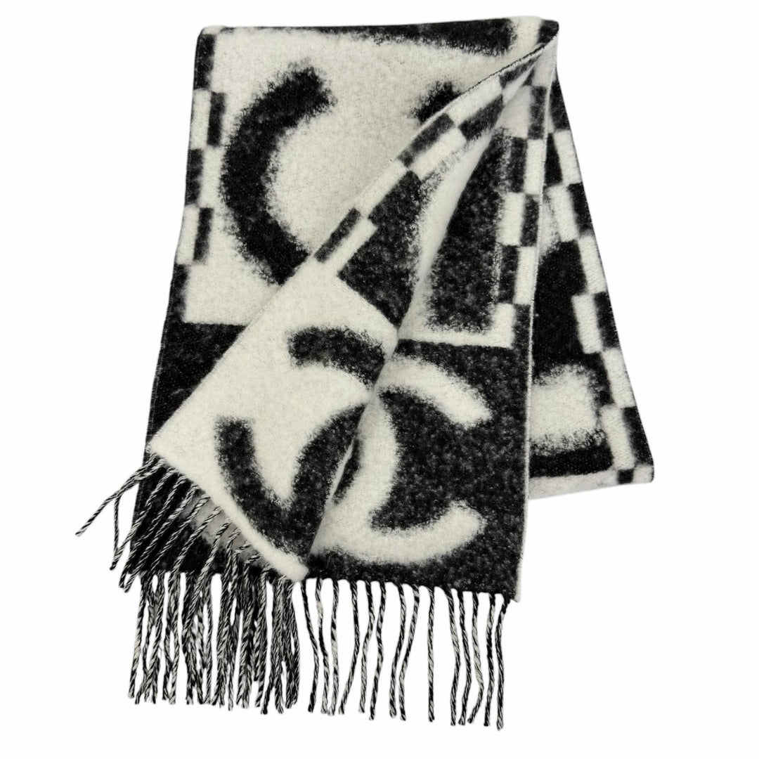 極美品☆CHANEL シャネル AAA478 カシミヤ シルク混 ココマーク・ロゴデザイン フリンジ マフラー ホワイト ブラック イタリア製 箱付き