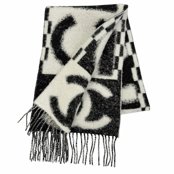 極美品☆CHANEL シャネル AAA478 カシミヤ シルク混 ココマーク・ロゴデザイン フリンジ マフラー ホワイト ブラック イタリア製 箱付き