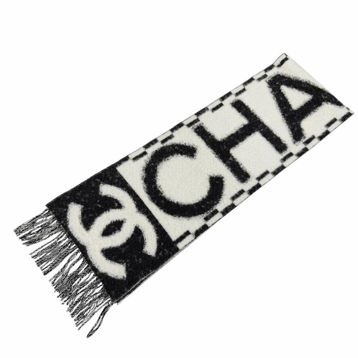 極美品☆CHANEL シャネル AAA478 カシミヤ シルク混 ココマーク・ロゴデザイン フリンジ マフラー ホワイト ブラック イタリア製 箱付き