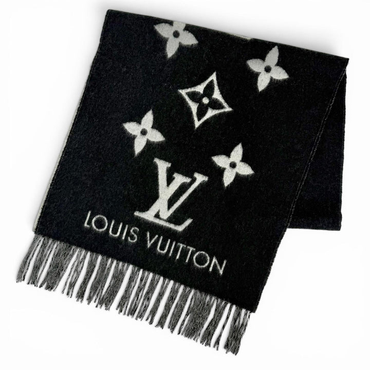 美品△LOUIS VUITTON ルイヴィトン M71040 マフラー レイキャビック カシミヤ100％ エシャルプ モノグラム フリンジ ブラック 正規品