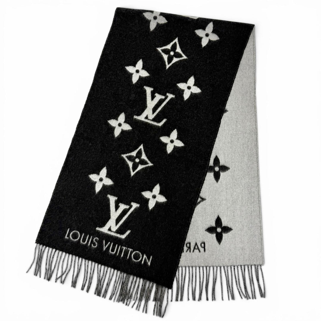 美品△LOUIS VUITTON ルイヴィトン M71040 マフラー レイキャビック カシミヤ100％ エシャルプ モノグラム フリンジ ブラック 正規品