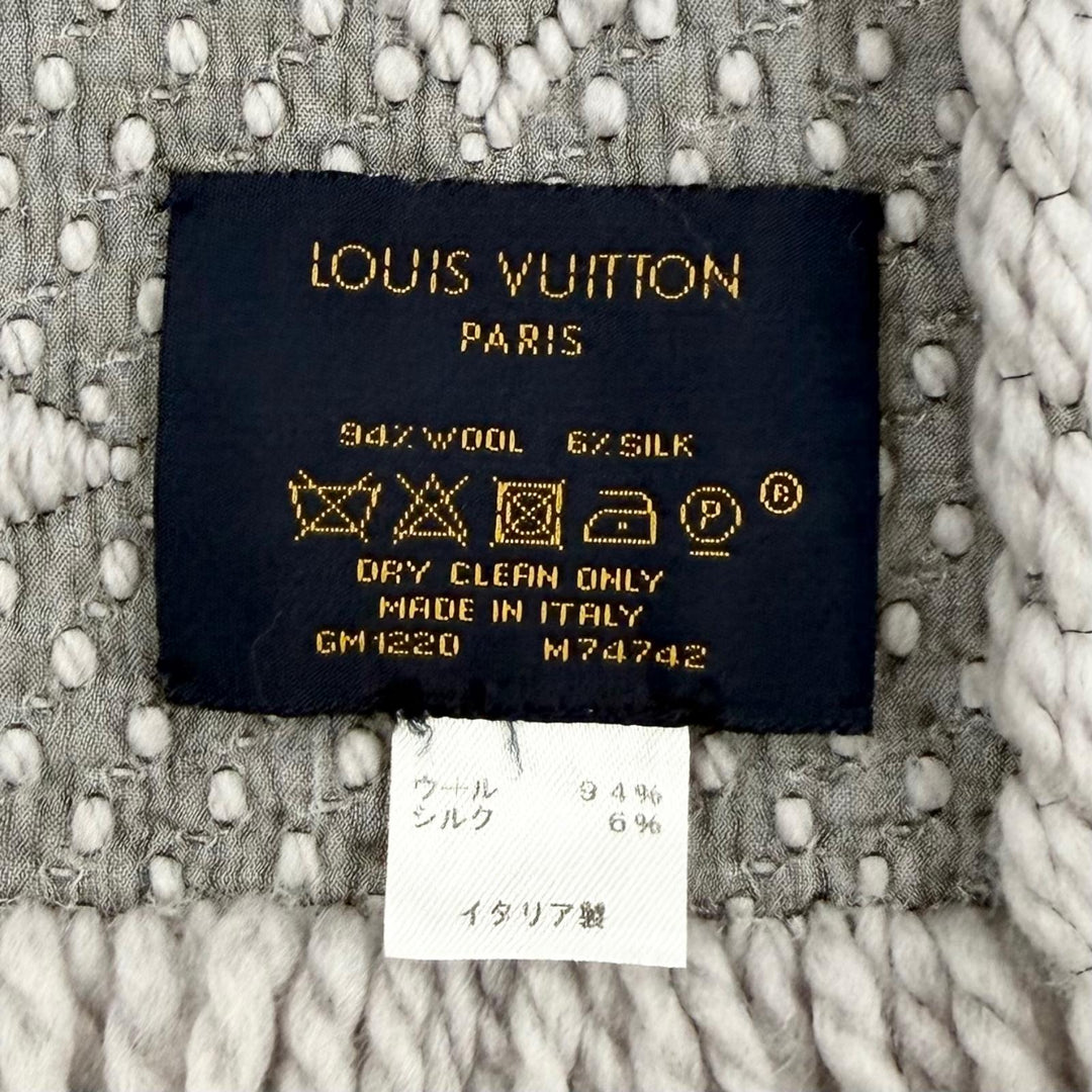 美品☆LOUIS VUITTON ルイヴィトン M74742 エシャルプ ロゴマニア ウール シルク グリペルル モノグラム マフラー イタリア製 正規品