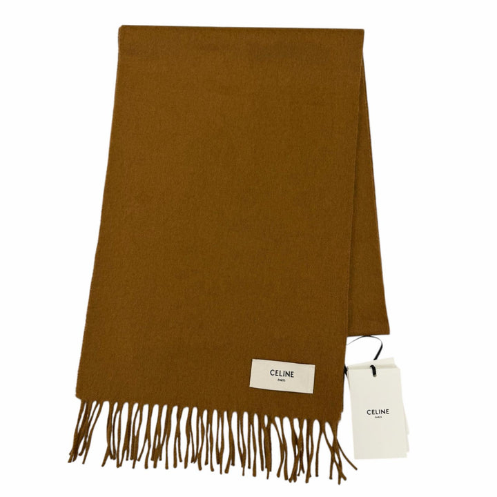 未使用品☆CELINE セリーヌ AA0FP2K77 カシミヤ100％ ロゴ フリンジ付 ショール ストール マフラー ブラウン 30×180cm 正規品 箱付き