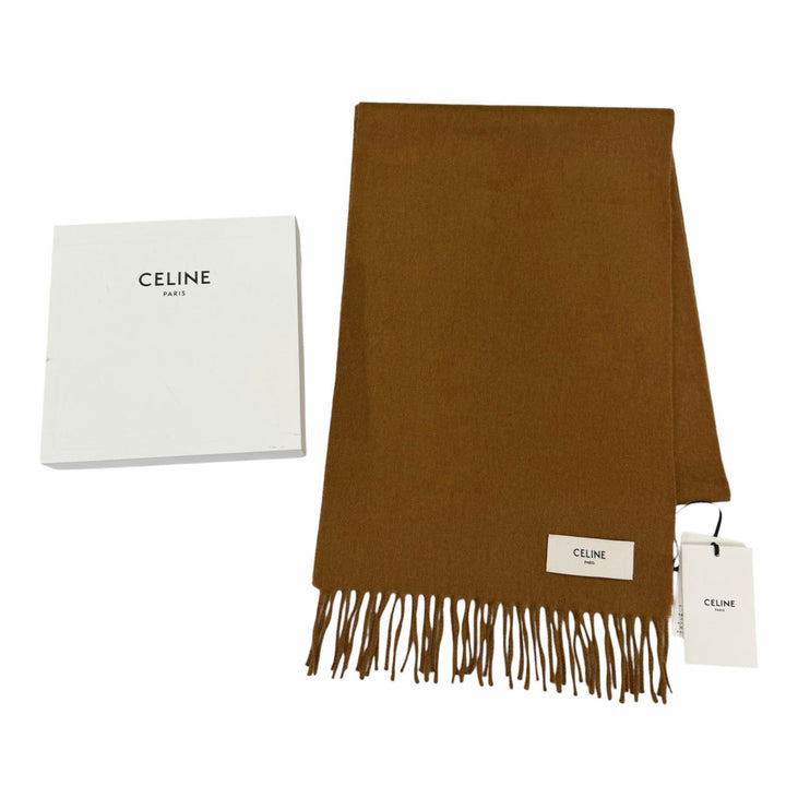 未使用品☆CELINE セリーヌ AA0FP2K77 カシミヤ100％ ロゴ フリンジ付 ショール ストール マフラー ブラウン 30×180cm 正規品 箱付き