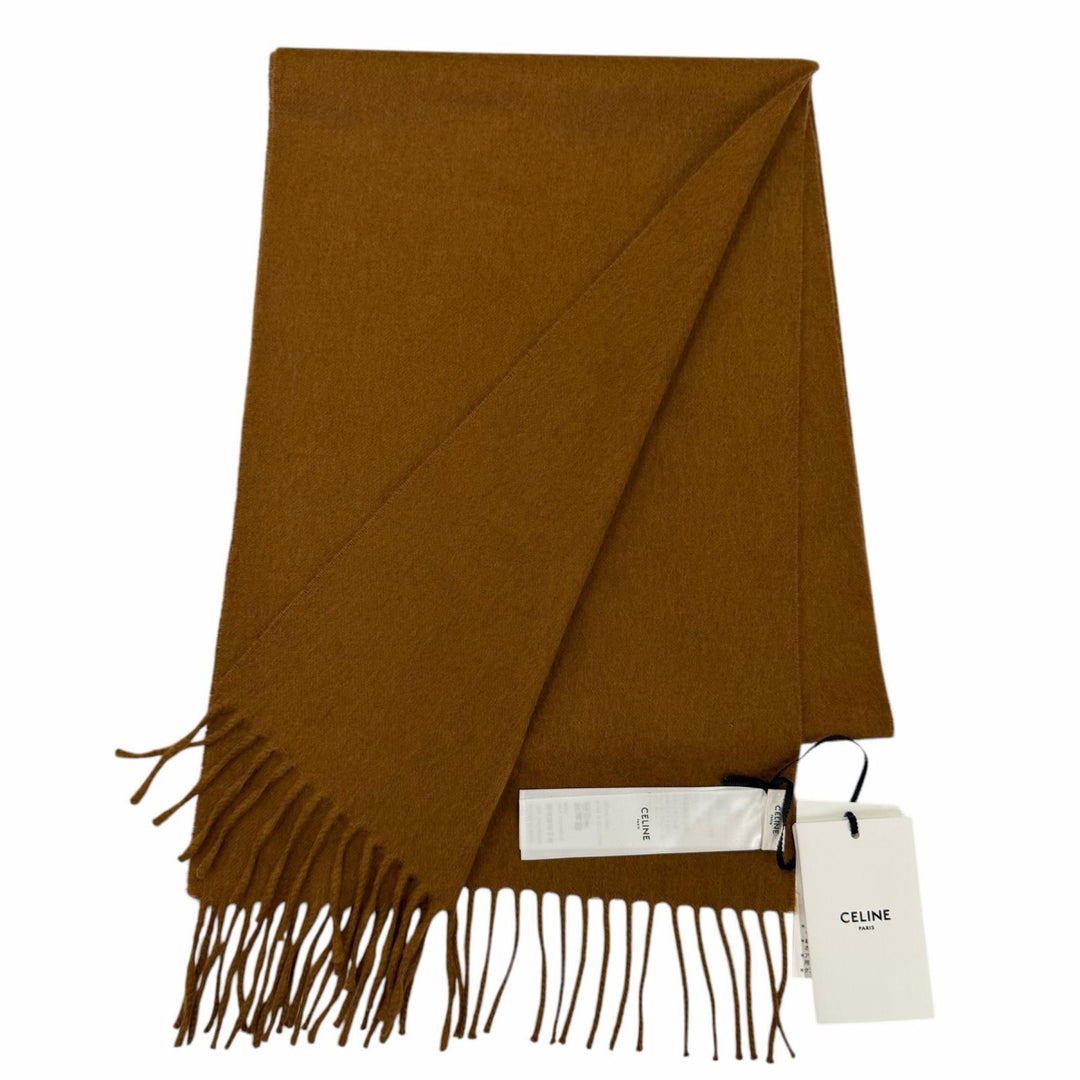 未使用品☆CELINE セリーヌ AA0FP2K77 カシミヤ100％ ロゴ フリンジ付 ショール ストール マフラー ブラウン 30×180cm 正規品 箱付き