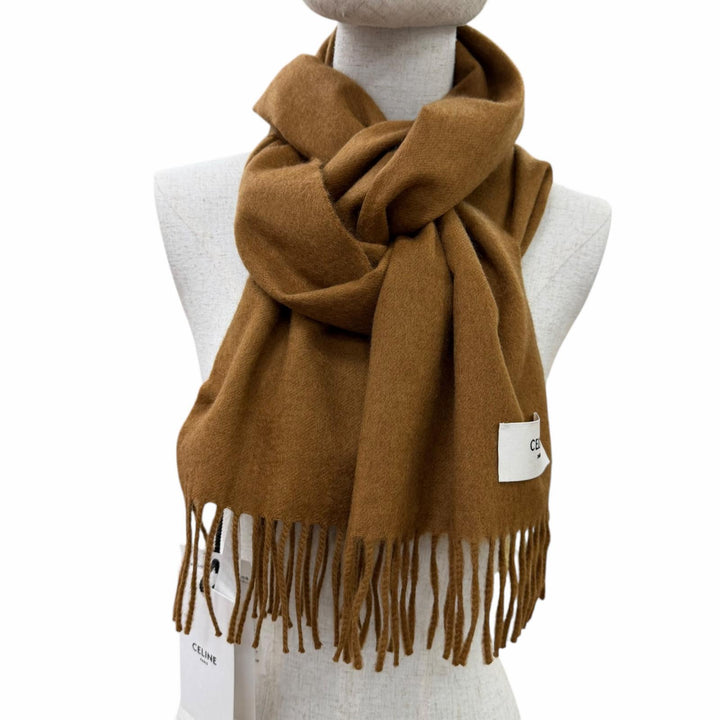 未使用品☆CELINE セリーヌ AA0FP2K77 カシミヤ100％ ロゴ フリンジ付 ショール ストール マフラー ブラウン 30×180cm 正規品 箱付き