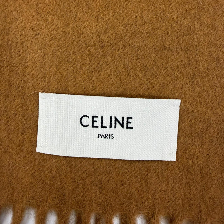 未使用品☆CELINE セリーヌ AA0FP2K77 カシミヤ100％ ロゴ フリンジ付 ショール ストール マフラー ブラウン 30×180cm 正規品 箱付き