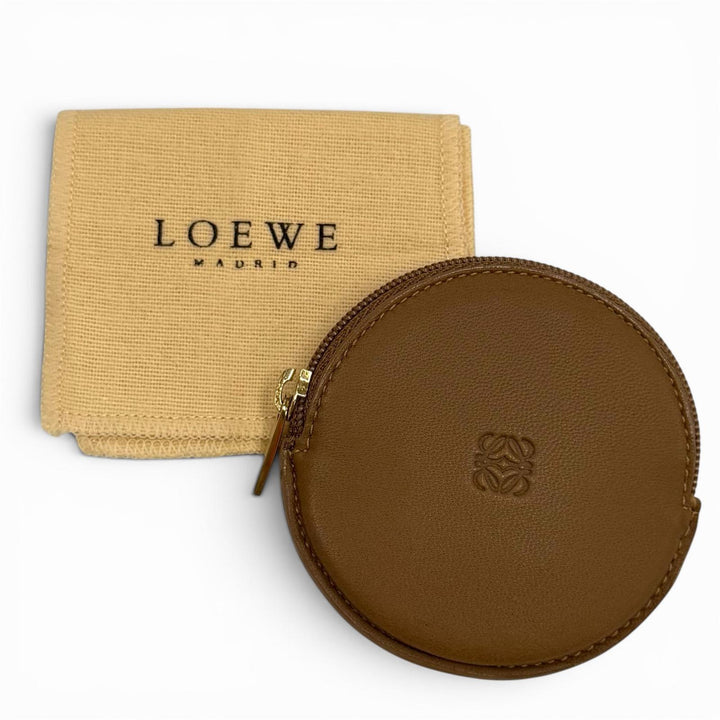 極美品★LOEWE ロエベ シープスキン アナグラム ラウンドZIP レザー コインケース ブラウン スペイン製 レディース 保存袋付き