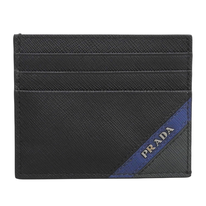 極美品▲PRADA プラダ 2MC223 サフィアーノレザー ストライプ ロゴ金具 名刺入れ パスケース カードケース ブラック メンズ 箱付き