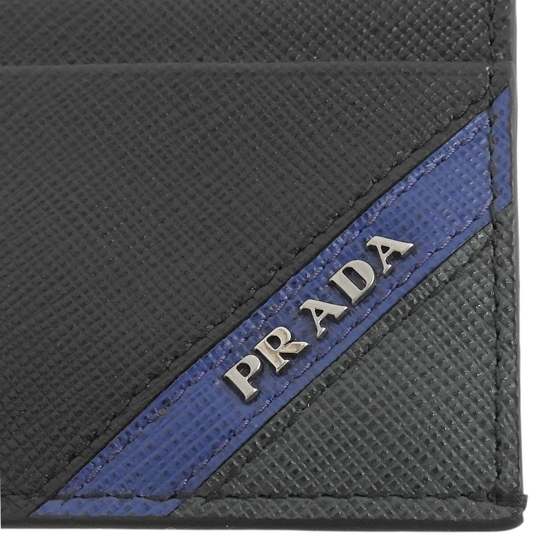 極美品▲PRADA プラダ 2MC223 サフィアーノレザー ストライプ ロゴ金具 名刺入れ パスケース カードケース ブラック メンズ 箱付き
