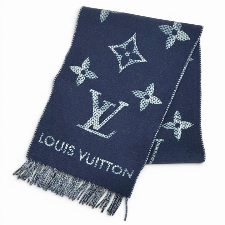 極美品△LOUIS VUITTON ルイヴィトン 2025年製 M97446 マフラー モノグラム チェック カシミヤ100％ 現行品 ネイビー 正規品 定価143000円