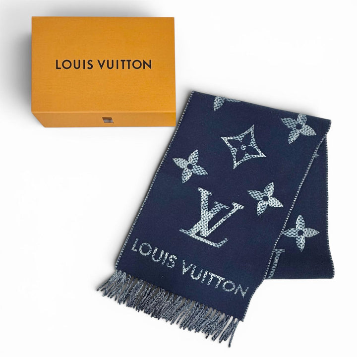 極美品△LOUIS VUITTON ルイヴィトン 2025年製 M97446 マフラー モノグラム チェック カシミヤ100％ 現行品 ネイビー 正規品 定価143000円