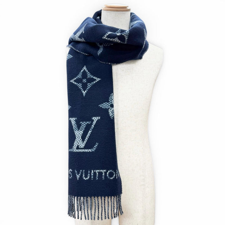 極美品△LOUIS VUITTON ルイヴィトン 2025年製 M97446 マフラー モノグラム チェック カシミヤ100％ 現行品 ネイビー 正規品 定価143000円