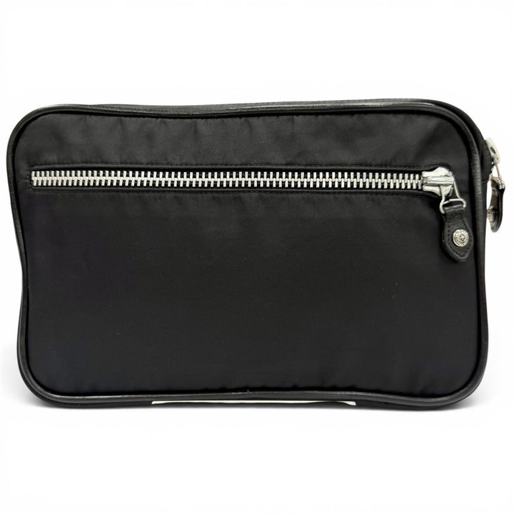 良品▼CHROME HEARTS クロムハーツ ナイロン レザー スクロールロゴプレート セカンドバッグ クラッチバッグ ブラック シルバー メンズ