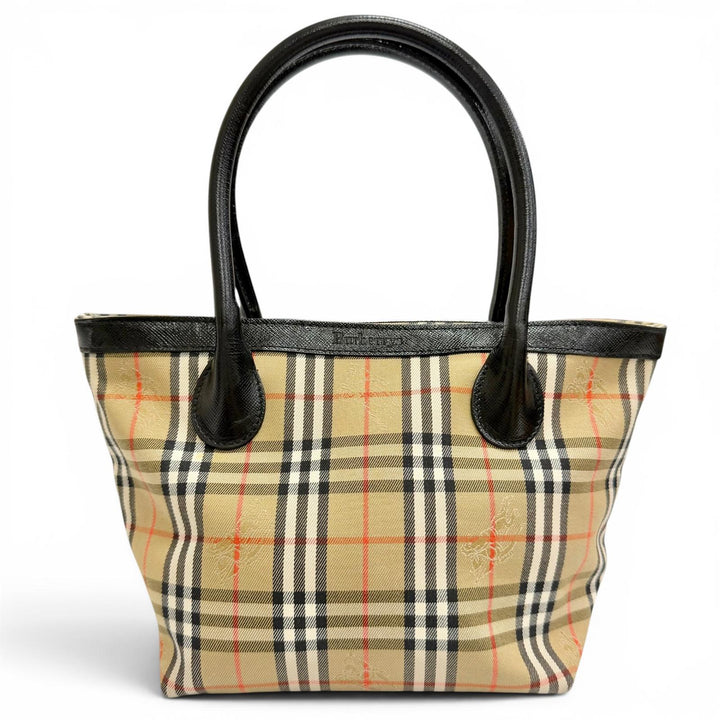極美品△Burberrys バーバリー ヴィンテージ レザー シャドーホース ノバチェック柄 レザー使い ハンドバッグ ベージュ系 ブラック