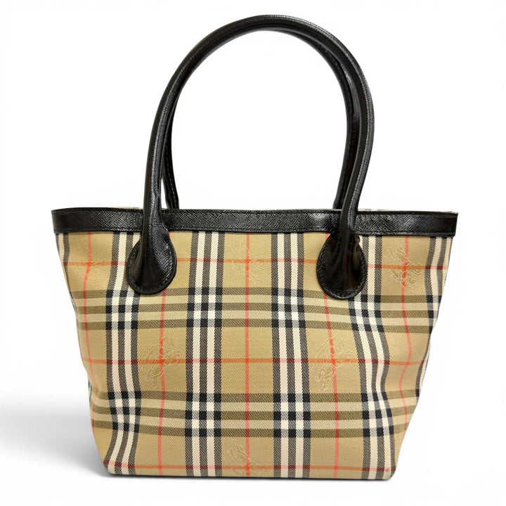 極美品△Burberrys バーバリー ヴィンテージ レザー シャドーホース ノバチェック柄 レザー使い ハンドバッグ ベージュ系 ブラック
