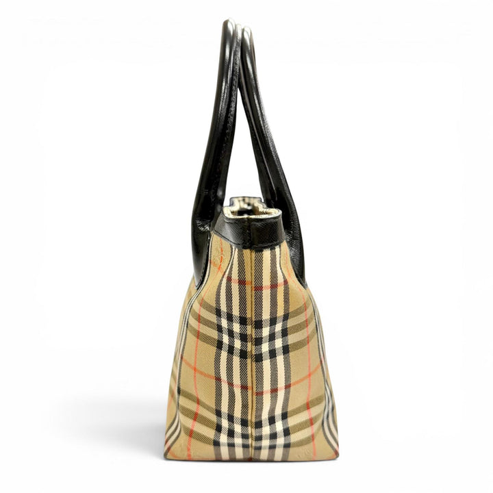 極美品△Burberrys バーバリー ヴィンテージ レザー シャドーホース ノバチェック柄 レザー使い ハンドバッグ ベージュ系 ブラック