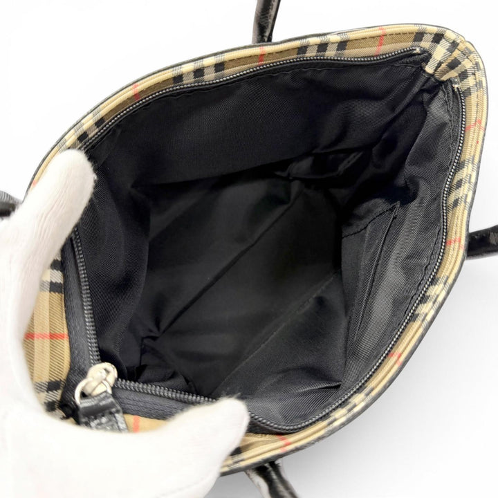 極美品△Burberrys バーバリー ヴィンテージ レザー シャドーホース ノバチェック柄 レザー使い ハンドバッグ ベージュ系 ブラック
