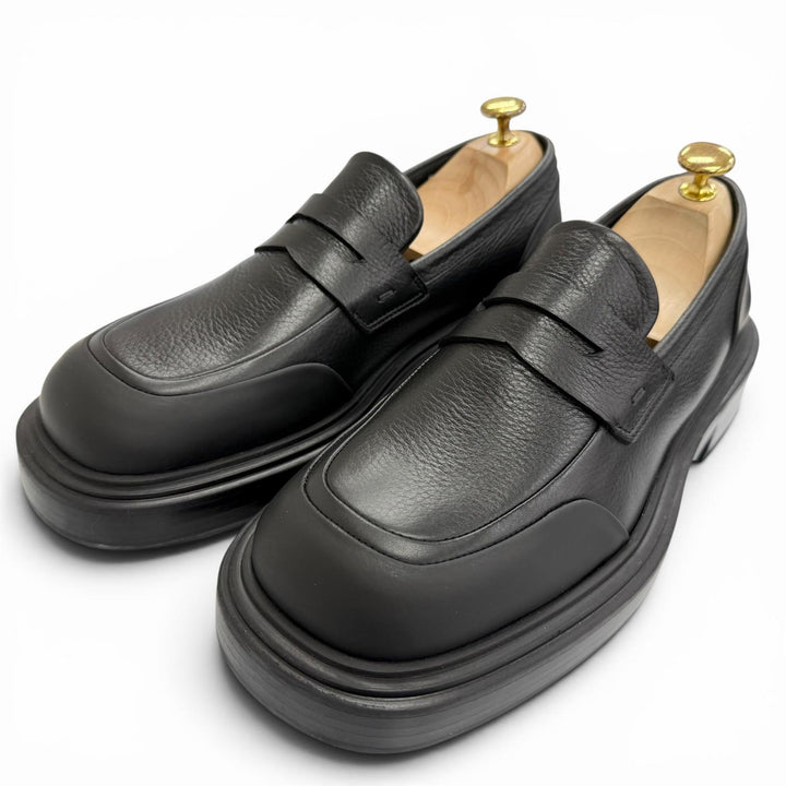 未使用品△FERRAGAMO フェラガモ 0768723 DRY レザー ペニーローファー コインローファー ブラック 7.5 イタリア製 メンズ 箱・保存袋付き