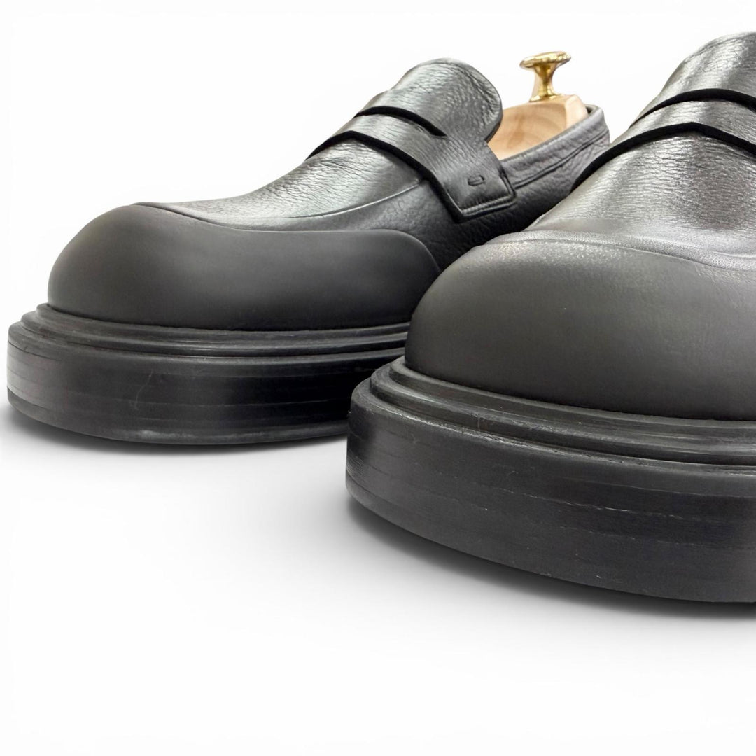 未使用品△FERRAGAMO フェラガモ 0768723 DRY レザー ペニーローファー コインローファー ブラック 7.5 イタリア製 メンズ 箱・保存袋付き