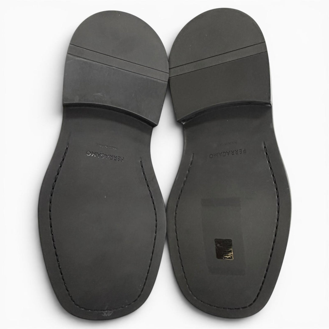 未使用品△FERRAGAMO フェラガモ 0768723 DRY レザー ペニーローファー コインローファー ブラック 7.5 イタリア製 メンズ 箱・保存袋付き