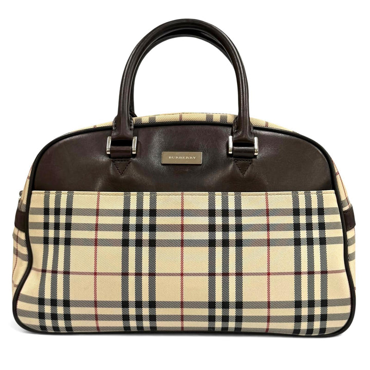 極美品★BURBERRY バーバリー ヴィンテージ ノバチェック レザー使い ロゴプレート付 ダッフルバッグ ハンドバッグ ベージュ ブラウン