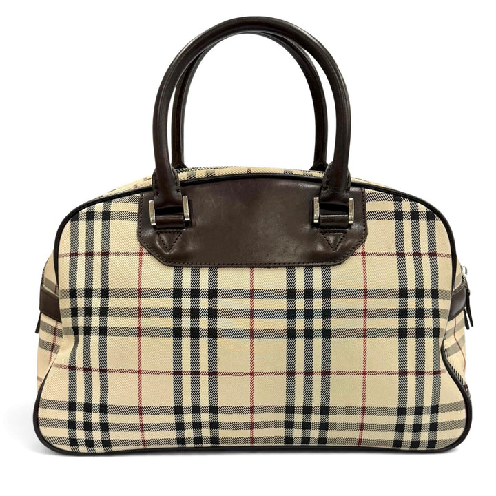 極美品★BURBERRY バーバリー ヴィンテージ ノバチェック レザー使い ロゴプレート付 ダッフルバッグ ハンドバッグ ベージュ ブラウン
