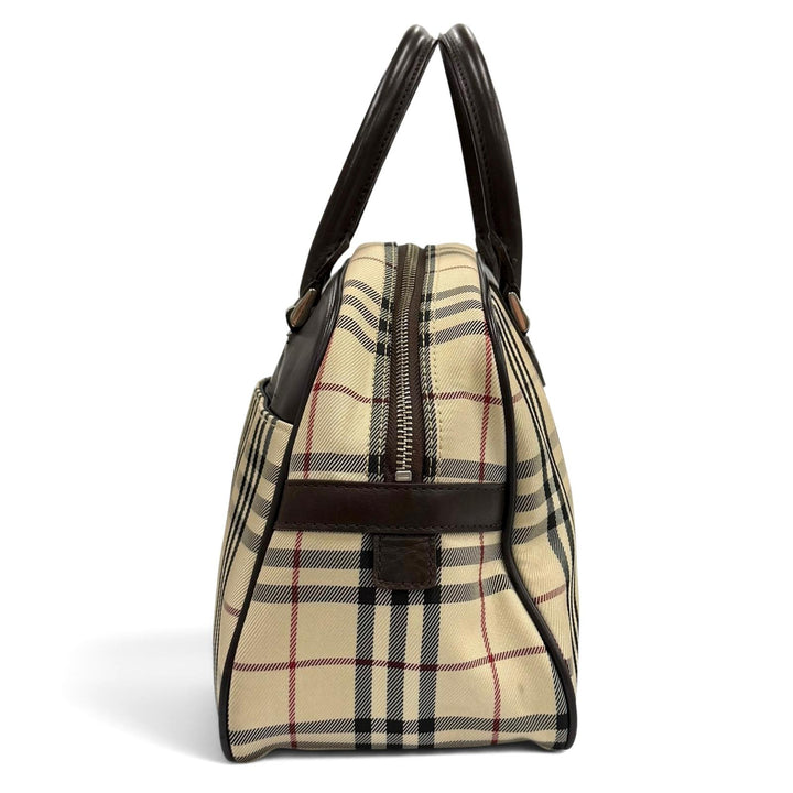 極美品★BURBERRY バーバリー ヴィンテージ ノバチェック レザー使い ロゴプレート付 ダッフルバッグ ハンドバッグ ベージュ ブラウン