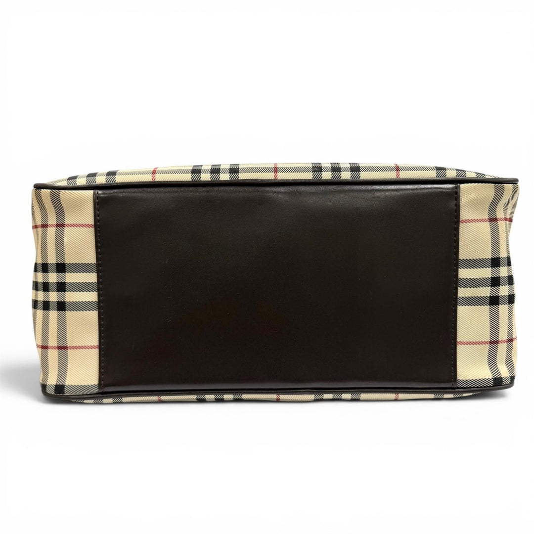 極美品★BURBERRY バーバリー ヴィンテージ ノバチェック レザー使い ロゴプレート付 ダッフルバッグ ハンドバッグ ベージュ ブラウン
