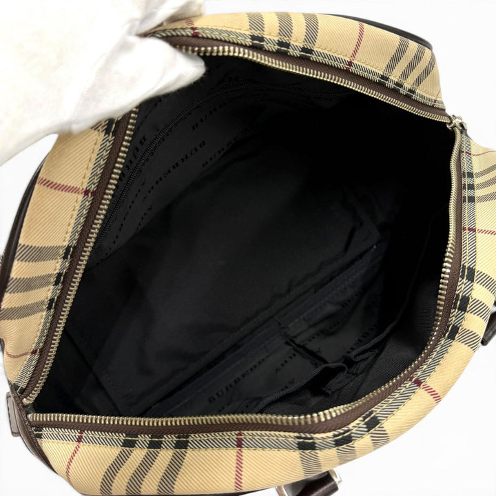 極美品★BURBERRY バーバリー ヴィンテージ ノバチェック レザー使い ロゴプレート付 ダッフルバッグ ハンドバッグ ベージュ ブラウン