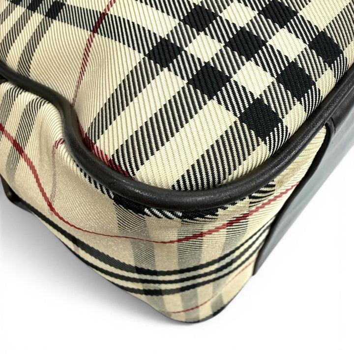 極美品★BURBERRY バーバリー ヴィンテージ ノバチェック レザー使い ロゴプレート付 ダッフルバッグ ハンドバッグ ベージュ ブラウン