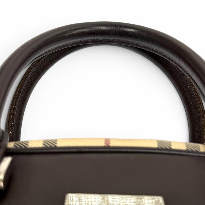極美品★BURBERRY バーバリー ヴィンテージ ノバチェック レザー使い ロゴプレート付 ダッフルバッグ ハンドバッグ ベージュ ブラウン