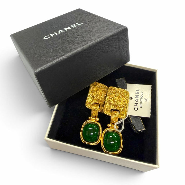 未使用品▼CHANEL シャネル ヴィンテージ 95A ココマーク グリポア スウィング イヤリング ゴールド グリーン 仏製 レディース 箱付き