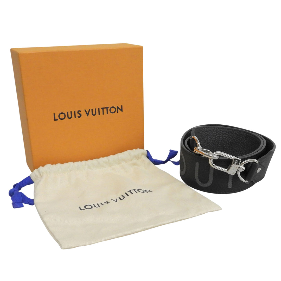 極美品▲LOUIS VUITTON ルイヴィトン J02392 ロゴデザイン レザー ショルダーストラップ ブラック グレー シルバー金具 箱・保存袋付き