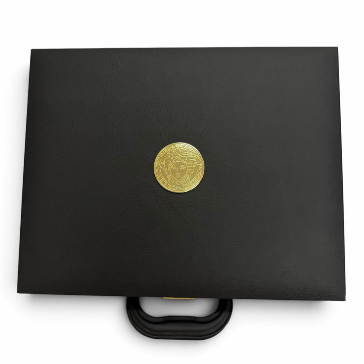美品▼VERSACE ヴェルサーチ レザー ウッド メデューサ 時計バッグ ウォッチケース アタッシュケース ブラック ゴールド金具 メンズ 箱付