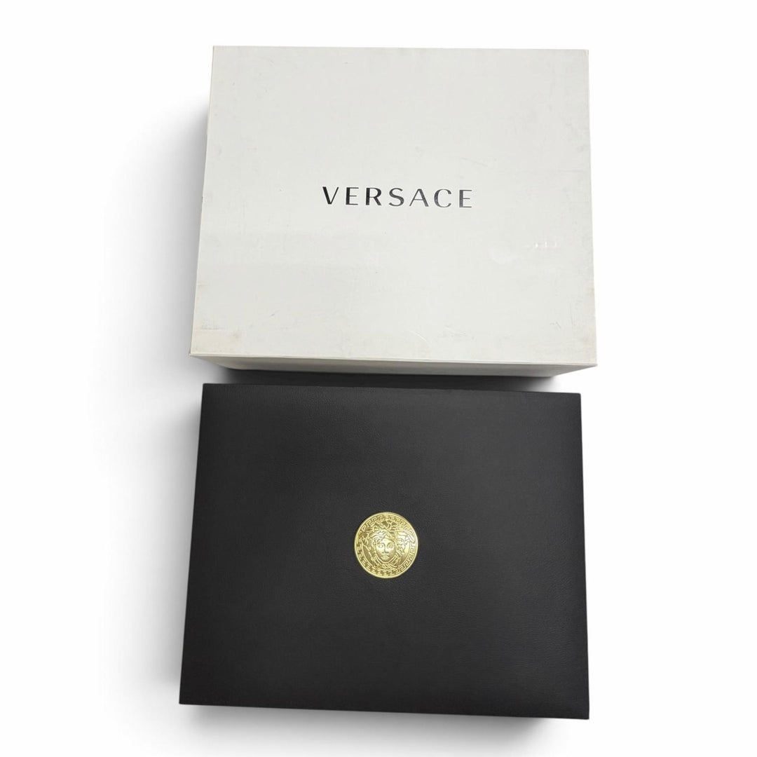美品▼VERSACE ヴェルサーチ レザー ウッド メデューサ 時計バッグ ウォッチケース アタッシュケース ブラック ゴールド金具 メンズ 箱付