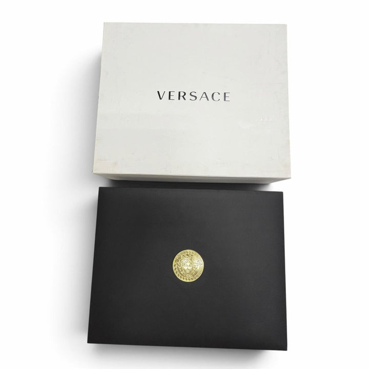 美品▼VERSACE ヴェルサーチ レザー ウッド メデューサ 時計バッグ ウォッチケース アタッシュケース ブラック ゴールド金具 メンズ 箱付