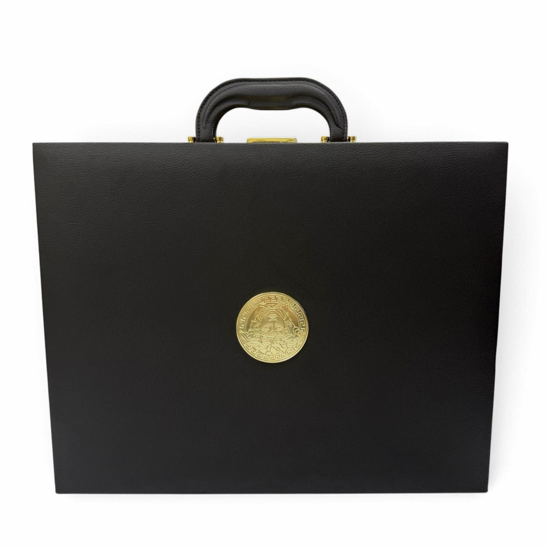 美品▼VERSACE ヴェルサーチ レザー ウッド メデューサ 時計バッグ ウォッチケース アタッシュケース ブラック ゴールド金具 メンズ 箱付