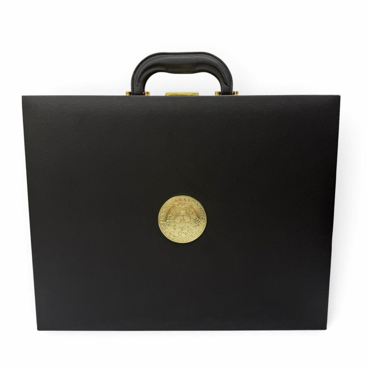美品▼VERSACE ヴェルサーチ レザー ウッド メデューサ 時計バッグ ウォッチケース アタッシュケース ブラック ゴールド金具 メンズ 箱付