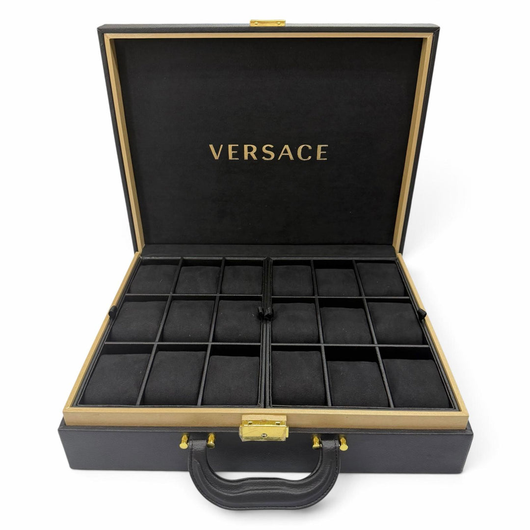 美品▼VERSACE ヴェルサーチ レザー ウッド メデューサ 時計バッグ ウォッチケース アタッシュケース ブラック ゴールド金具 メンズ 箱付